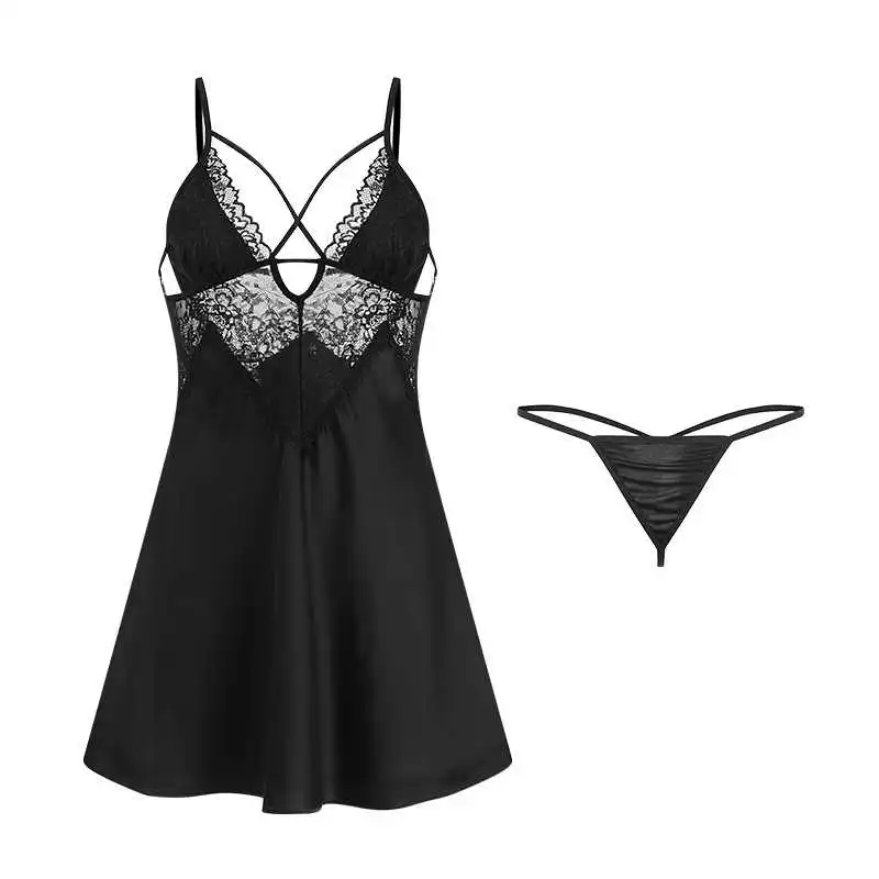 

Summer new erotic female lingerie sexy ladies deep nightdress v satin sew lace suspend kawaii skirt suit service