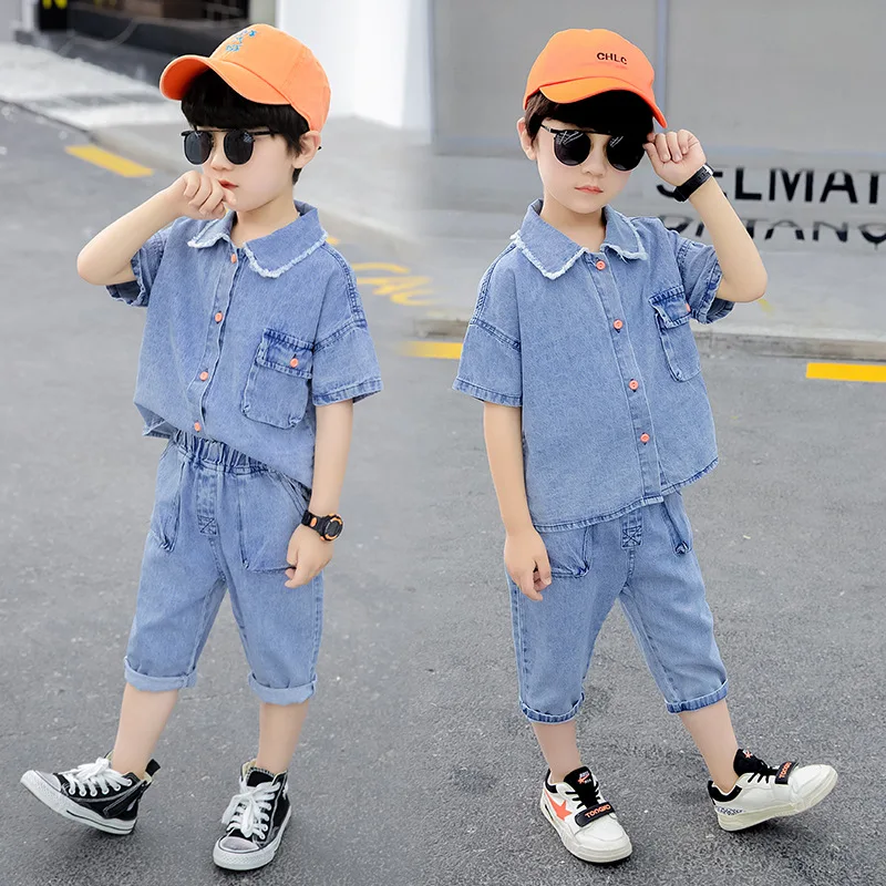 

Boys 2021 summer new medium and large children's thin denim short-sleeved pants two-piece suit