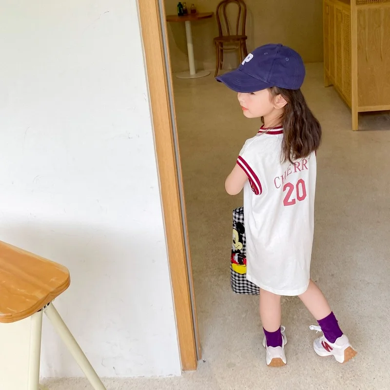 

Summer fashion cotton girls sport dress short sleeve kids letter printed dresses baby girl clothes