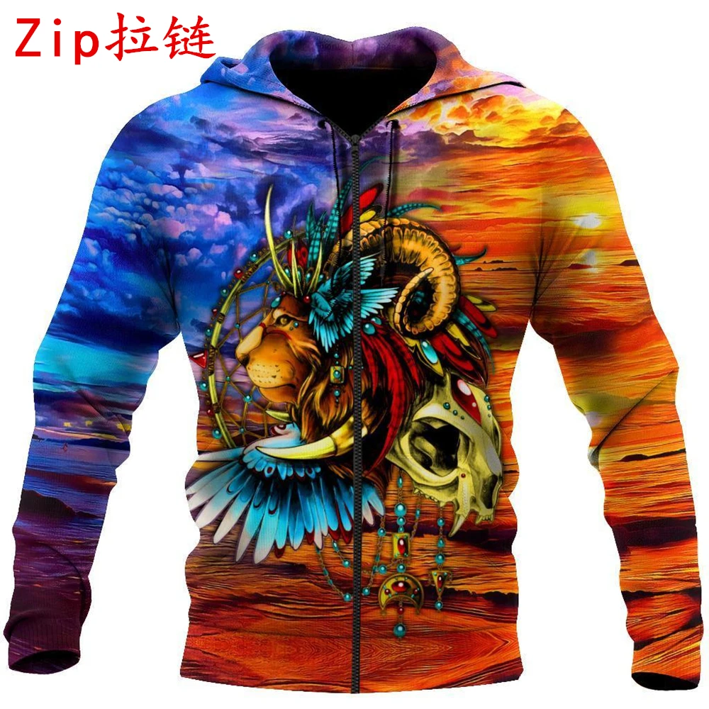 

New Fashion Men Hoodies Lion Native 3D Full Printed Harajuku Sweatshirt Unisex Casual Zip Jacket CND17