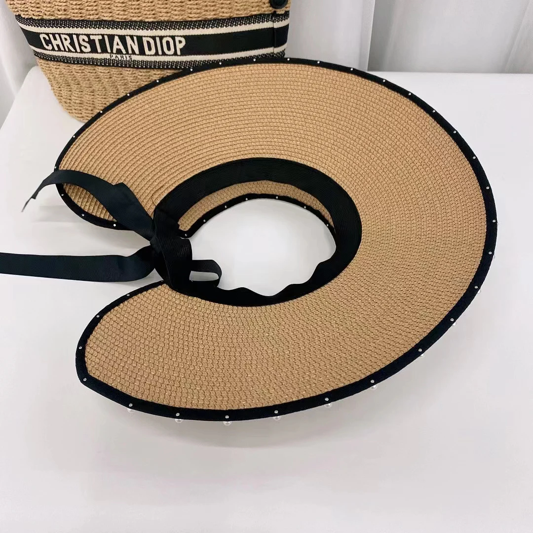 

2021 new fashion beach tourism hollow top sun shading pearl straw hat