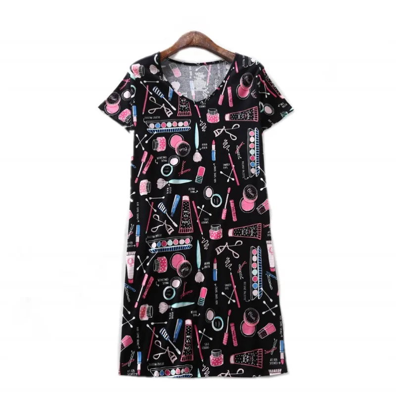 

2021 Summer Female Casual Loosen Black nighty dress Ladies 100% Cotton Nightgown Women Short Sleeve Round collar sleepshirt XXXL
