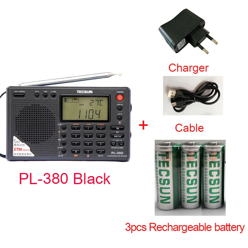 Tecsun PL-380 PL380 радио цифровой PLL портативный радио FM стерео/LW/SW/MW приемник DSP радио - Цвет: Black all set