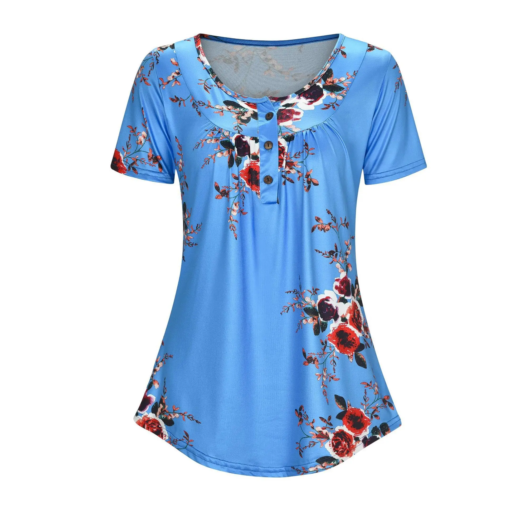 

2021 spring and summer new pleated open tube button loose printed short-sleeved T-shirt woman tshirts