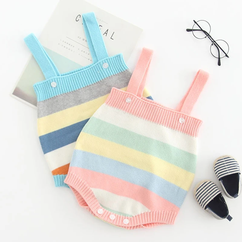 

2020 Spring Autumn Newborn Boys Girls Rainbow Stripe Jumpsuits Clothes Baby Boys Girls Rompers Braces Knitted Children Rompers