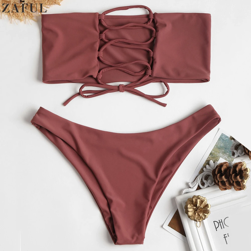 ZAFUL Bikini Set Strapless Unlined Back Lace-Up Bandeau Top And Low Rise Swim Bottoms Women Waisted Padded Beach Swimwear | Женская