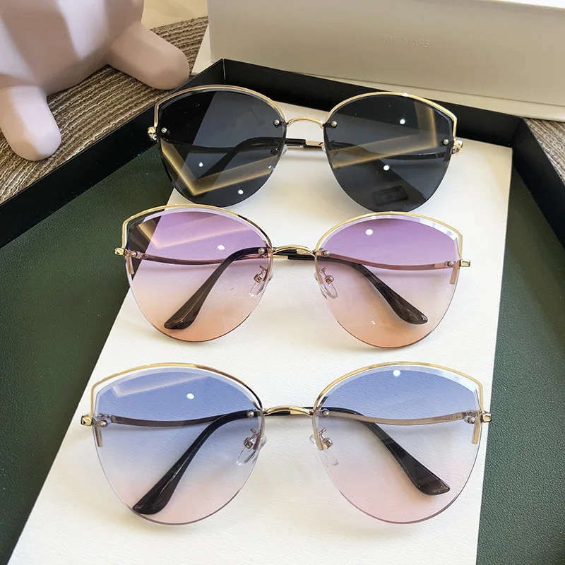 

Cat Eye Sunglasses Women Luxury Rimless Gradient Sun Glasses Clear Ocean Color Lenses Shades Ladies Sunglass UV400