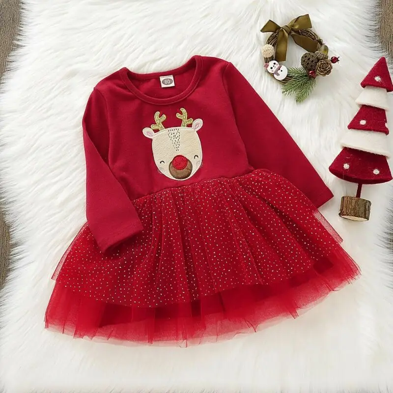 Baby Dress 2019 Christmas Toddler Infant Girl Xmas Clothes Long Sleeve Lace Tutu | Мать и ребенок