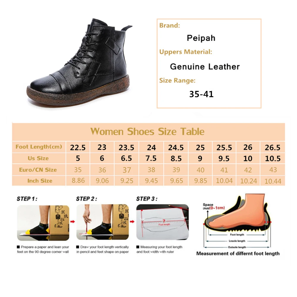 PEIPAH Women's Genuine Leather Shoes Woman Ankle Boots Female Retro Flat With Zip Women's Shoes Autumn Winter Bootee Woman