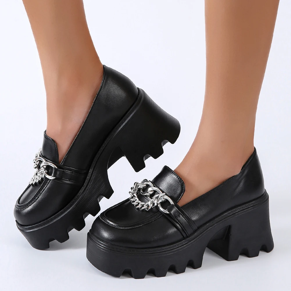 

Women Brand Fashion Platform Chunky Slip On Goth Shoes Metal Chain Loafers Woman Casual Leisure Punk Cool Pumps