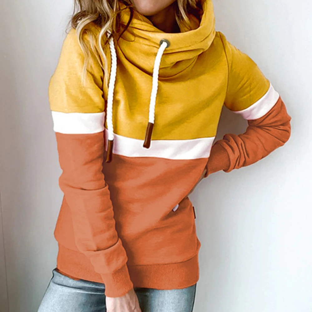 

Водолазка женская с капюшоном, толстовка контрастной расцветки, повседневный свитшот в стиле пэчворк, Свободный пуловер с длинным рукавом, ...