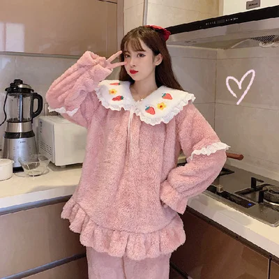 

New thick plush pajamas women winter cute and sweet princess warm coral fleece Korean home service warm warm suit