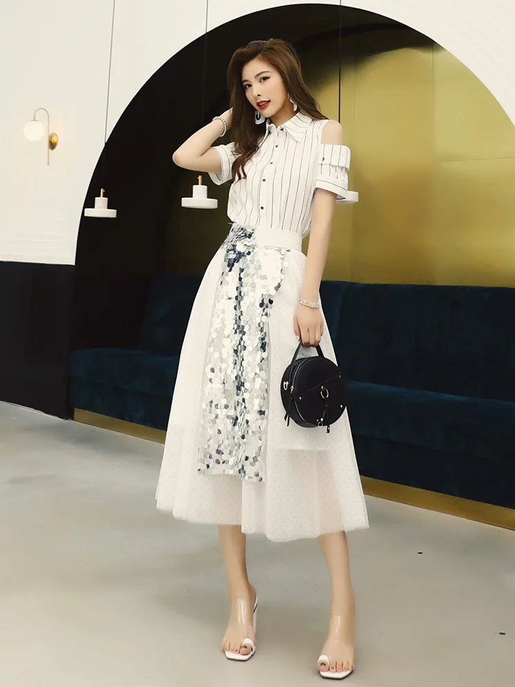 

2020 Summer Fashion 2 Piece Set High Quality Skirt Suits Women Sexy Off Shoulder Striped Shirts+Big Swing Sequined Skirts Sets