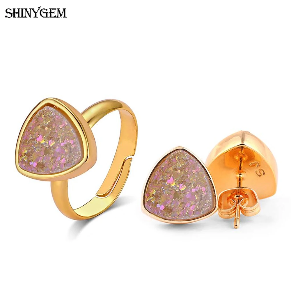 ShinyGem New Triangle Mineral Crystal Earrings Ring Party Jewelry Set Golden Sparkling Druzy Natural Stone For Women | Украшения и