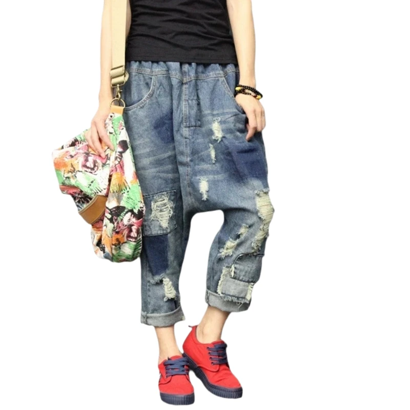 Комбинированные джинсовые брюки в стиле хип-хоп уличная одежда шаровары с