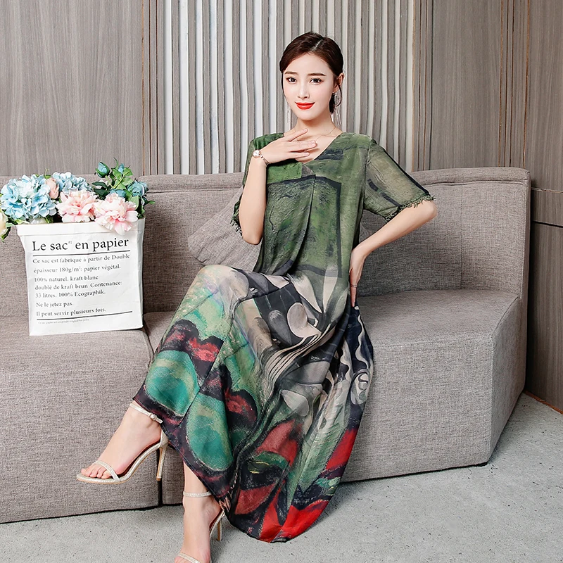 Летнее шелковое платье для женщин 2020 повседневное длинное большого размера