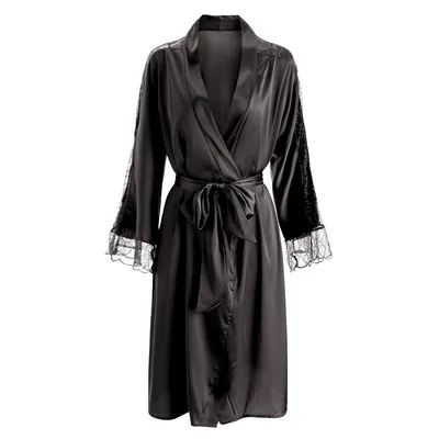 Robe Black Летний сексуальный кружевной женский мини Ночная рубашка халат костюм атласный черный халат пижама халат шелковый халат - Цвет: Robe Black