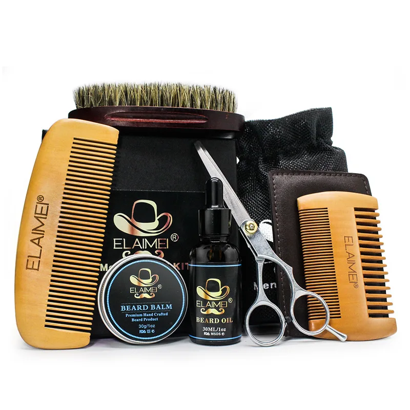 

6Pcs/Set Men's Beard Growth Kit Enhancer Serum Essential Oil Balm Nourishing Beard Grooming Beauty Care With Roller Comb Scissor