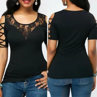 women cold shoulder round neck tops sexy sheer floral lace transparent slim top short sleeve loose camisole casual t shirt
