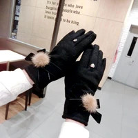 mink hair ball gold velvet bow cashmere gloves new korean version of winter warmth and thick touch screen gloves for women