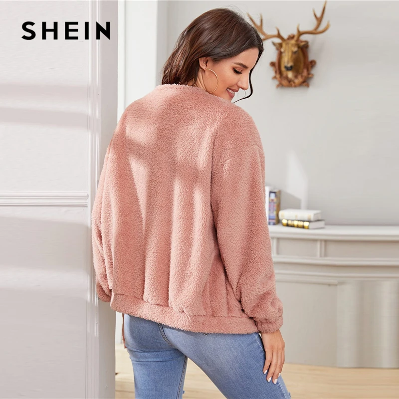SHEIN розовая однотонная повседневная куртка на молнии спереди, пальто, женская зимняя уличная одежда, длинный рукав, двойной карман, женская верхняя одежда