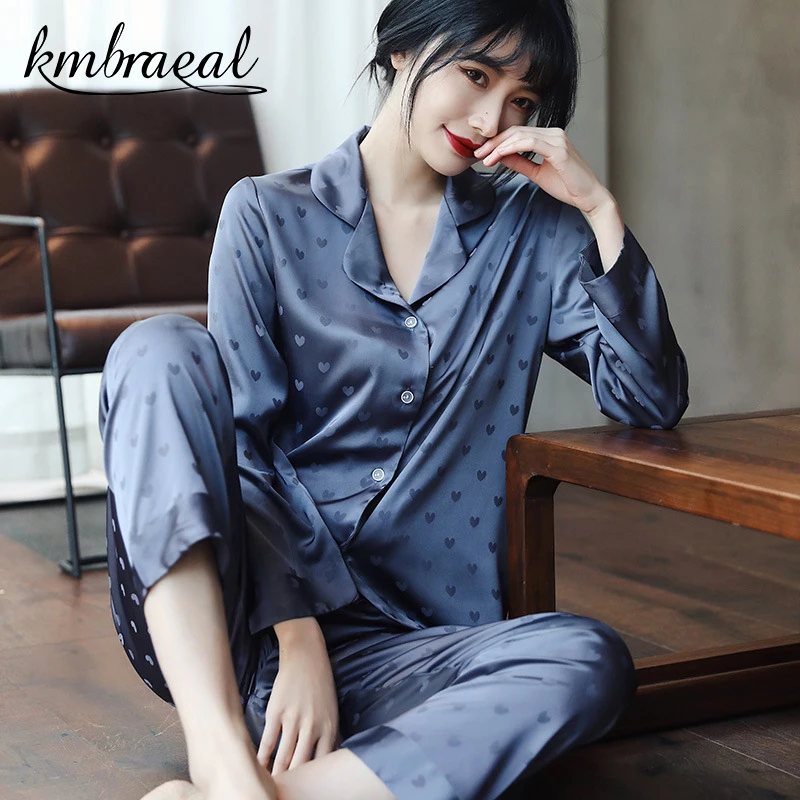 

Kmbraeal Pajamas Set Ice Silk Women Sexy Elegant Polka Dot Sleepwear Long Sleeve Trousers Slit Spring Summer Homewear plus size