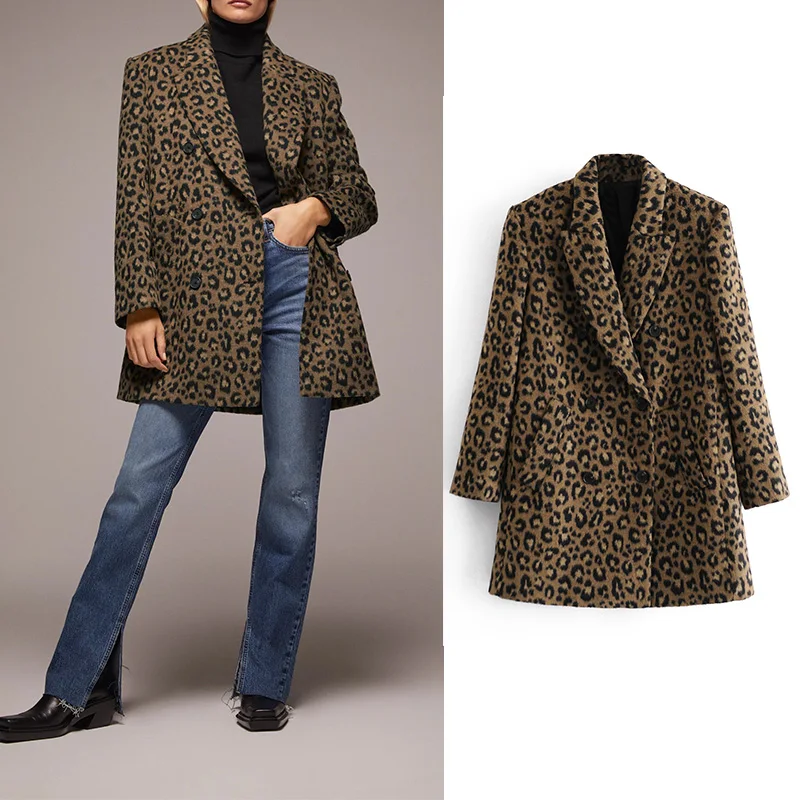 

Women 2020 Winter Fashion Leopard Print Loose Woolen Coat Vintage Long Sleeve Back Vents Female Outerwear Za Chic Overcoat