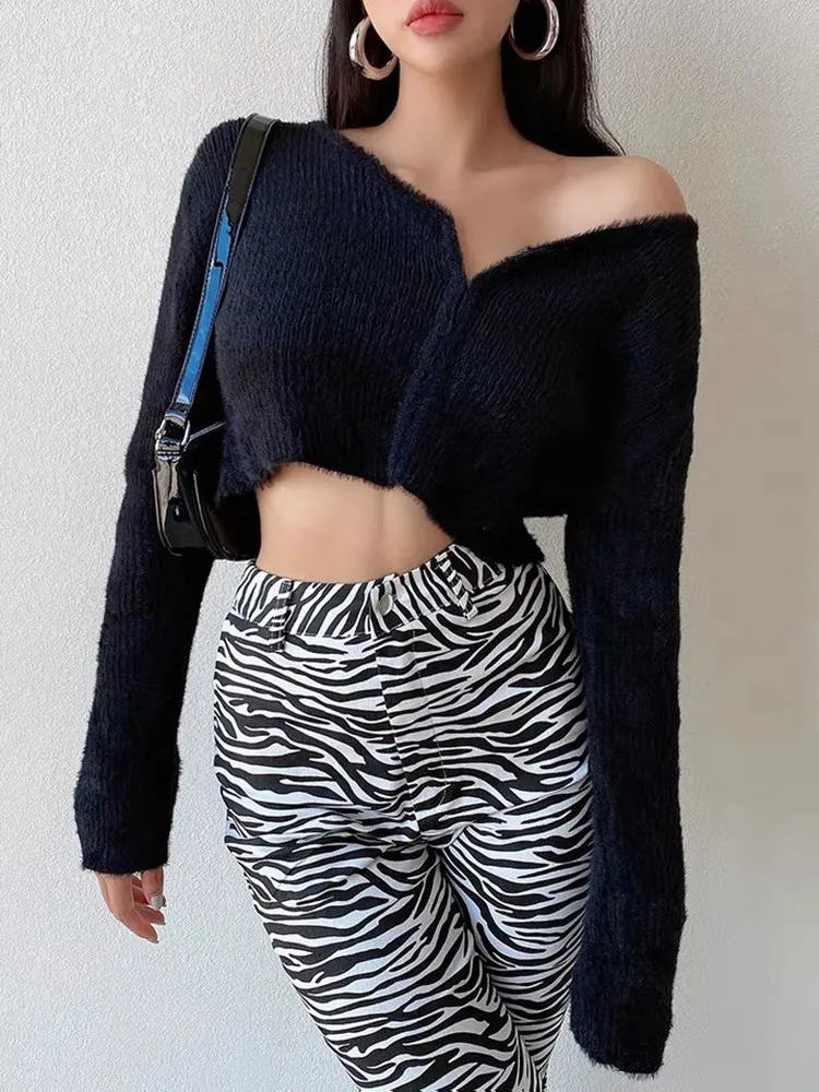 Осенний модный вязаный кардиган из мохера Женский однобортный сексуальный