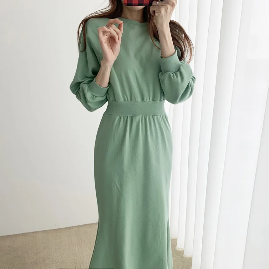 

Elegant Women Chic Dress Casual Solid cotton mermaid Party Sweatshirts Dress Long Sleeve Elastic Waist dresses JK221