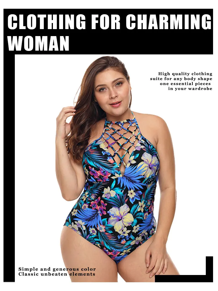 

Plus Size One-Piece Swimsuit Women Cross Hollow Neckline Flower Print Conservative Backless Swimwear Lady Bathing Suits Seaside