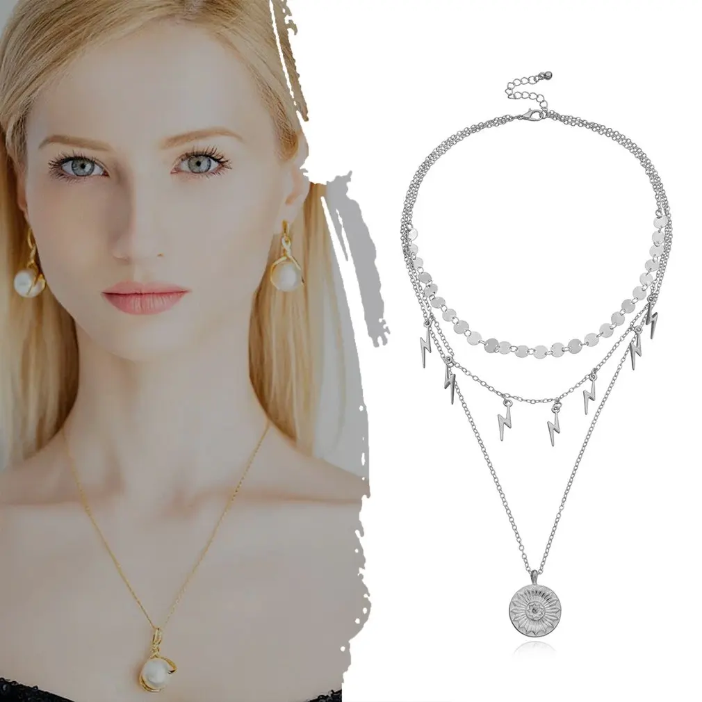 Многослойное ожерелье золотая цепочка с блестками подвески молнией Длинная