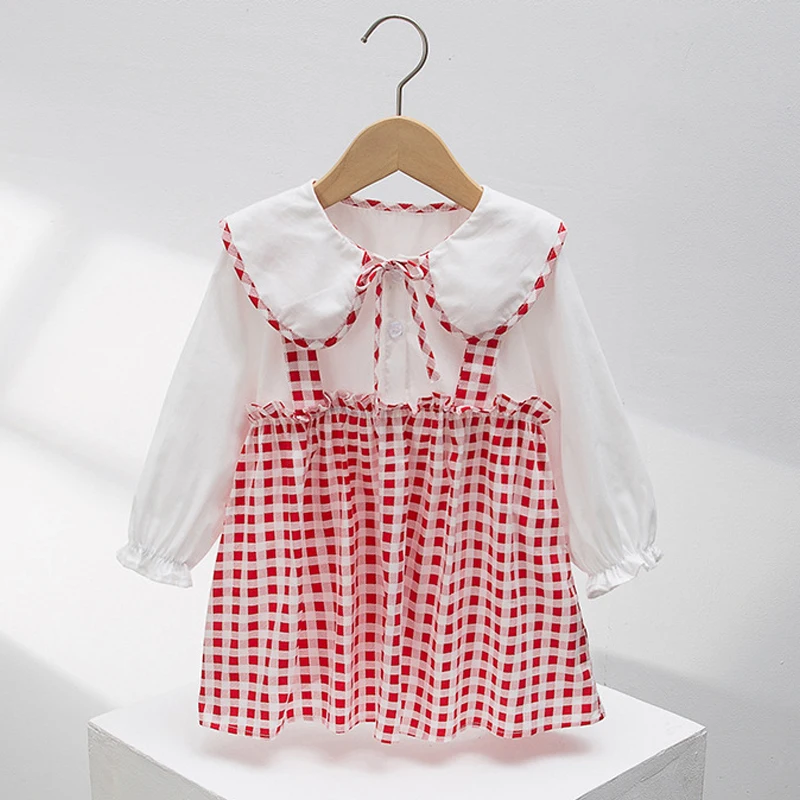 

Новое поступление, весенне-осеннее красное клетчатое платье принцессы в студенческом стиле для маленьких девочек, детская одежда с длинным...