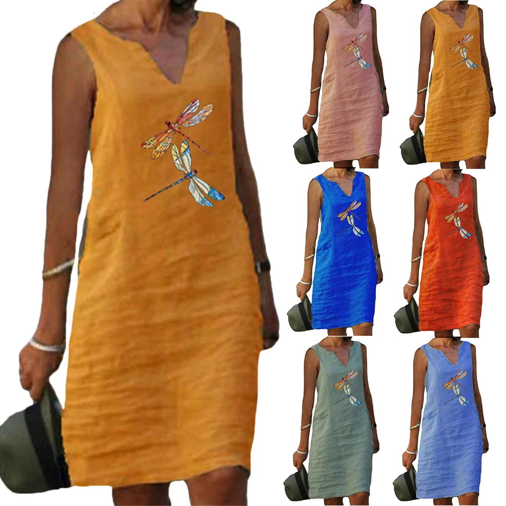 

New Womens Summer Tank-dress Dragonfly Dress Flax Dress Ladies Casual Sleeveless Loose Sundress 2021