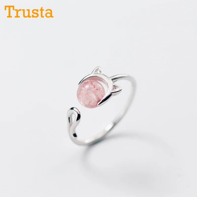 Trusta,, 925, однотонное Настоящее серебро, модное кольцо с котом, клубничкой и кристаллами, размер для девочки-подростка, подарок на Рождество, DS977