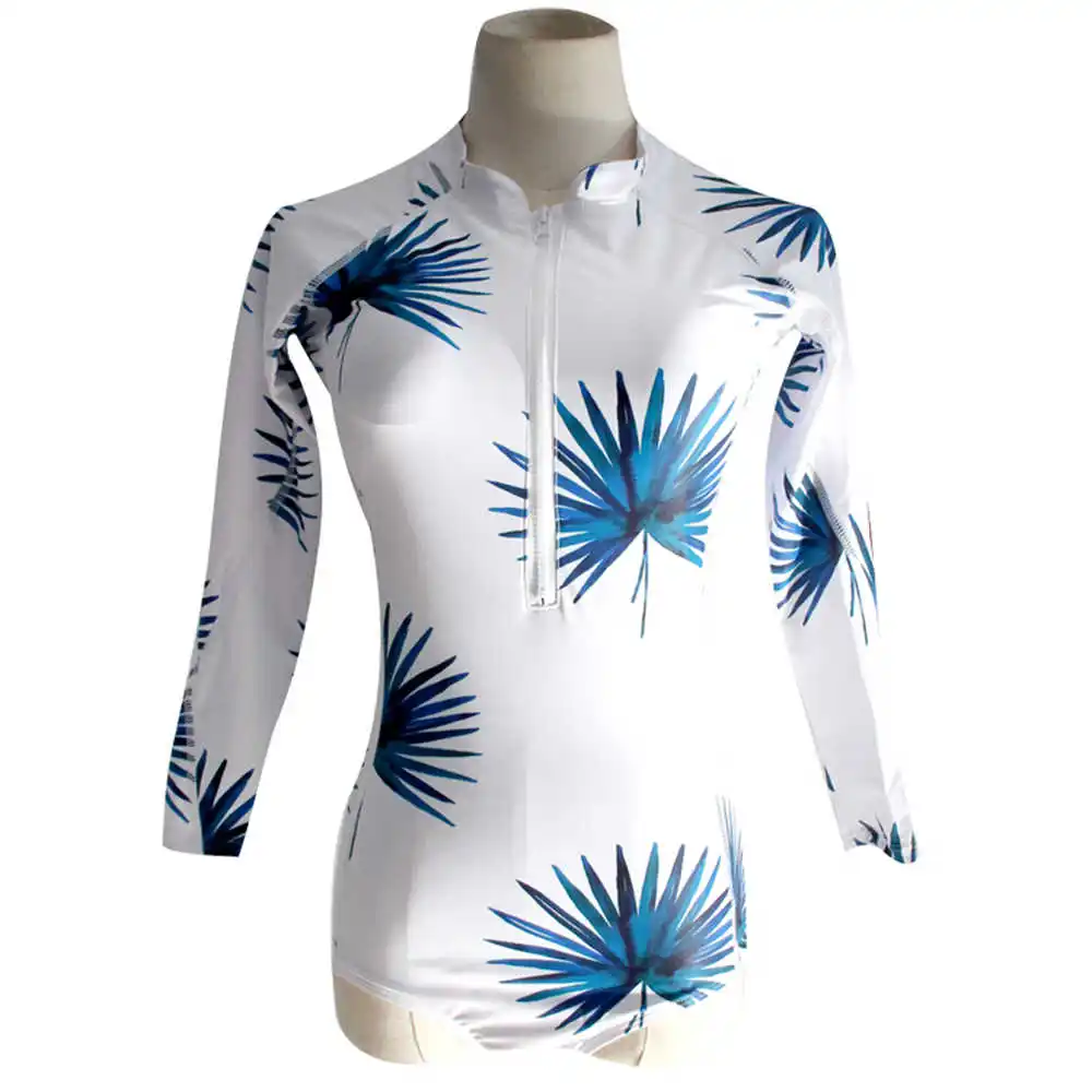 Длинный рукав Рашгард 2020 принт купальник с высоким горлом Цельный на молнии