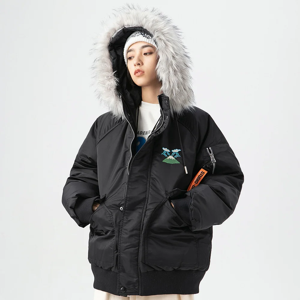 Aolamegs Winter Jacket Men Cute Embroidery Graphic Thick Hooded Bomber Coat High Street Cool Fashion Warm Outwear Men Streetwear