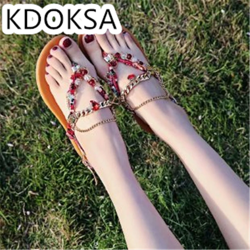 

2021 New European And American Summer Flat Flat Flower Sandal Bohemian Diamond Flat Heel Clip Toe Sandal Women's Roman Shoes