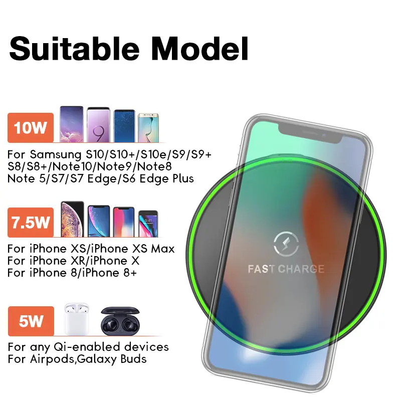 10 Вт Qi Беспроводное зарядное устройство для iPhone X XS Max XR 8 Plus светодиодный светильник стеклянная поверхность Беспроводная зарядная площадка для samsung S9 S10 Note 9 10