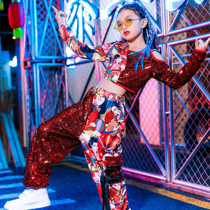 

2021 Modern Street Dance Performance Costumes For Kids Red Sequin Fashion Catwalk Stage Clothing Girls Jazz HipHop Dance Suit