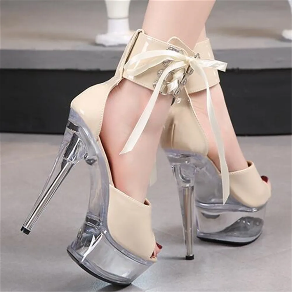 

2022 New Soft Leather Lace-Up Thin Heels Sandals Women Platform Sexy Pole Dancing Transparent Heel Peep Toe Crystal Shoes 34-43