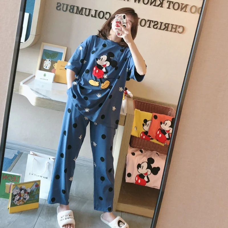 5 Colors Disney Cartoon Mickey Mouse Print Polka Dot Women's Summer Suits Casual Soft Nightgown Women Loose Home Wear Pyjama