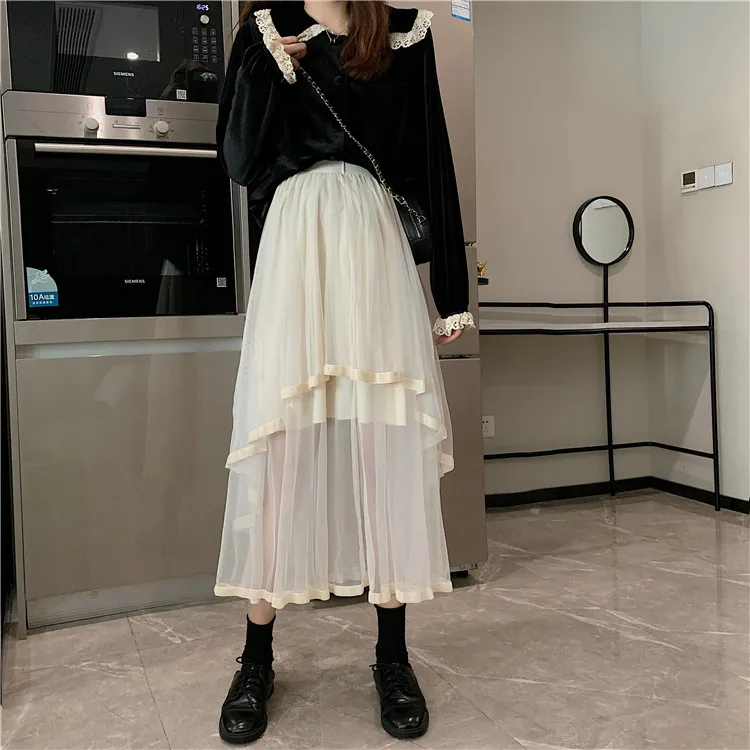 

Spring Autumn Perspective Mesh Asymmetry Patchwork Long Skirt High Waist Solid Skirts Womens Korean Fashion Clothing Hipster New