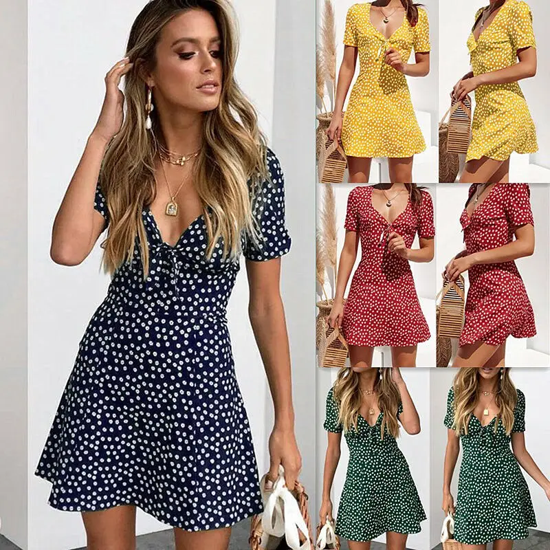 

2021 New Women Summer Casual Short Sleeve Floral Boho Dress Party Evening Beach V neck Dress Fashion Sexy Mini Dresses S-3XL