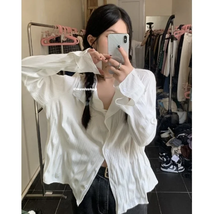 

Tee Loose And Versatile Lapel Pleated Long Sleeve Shirt