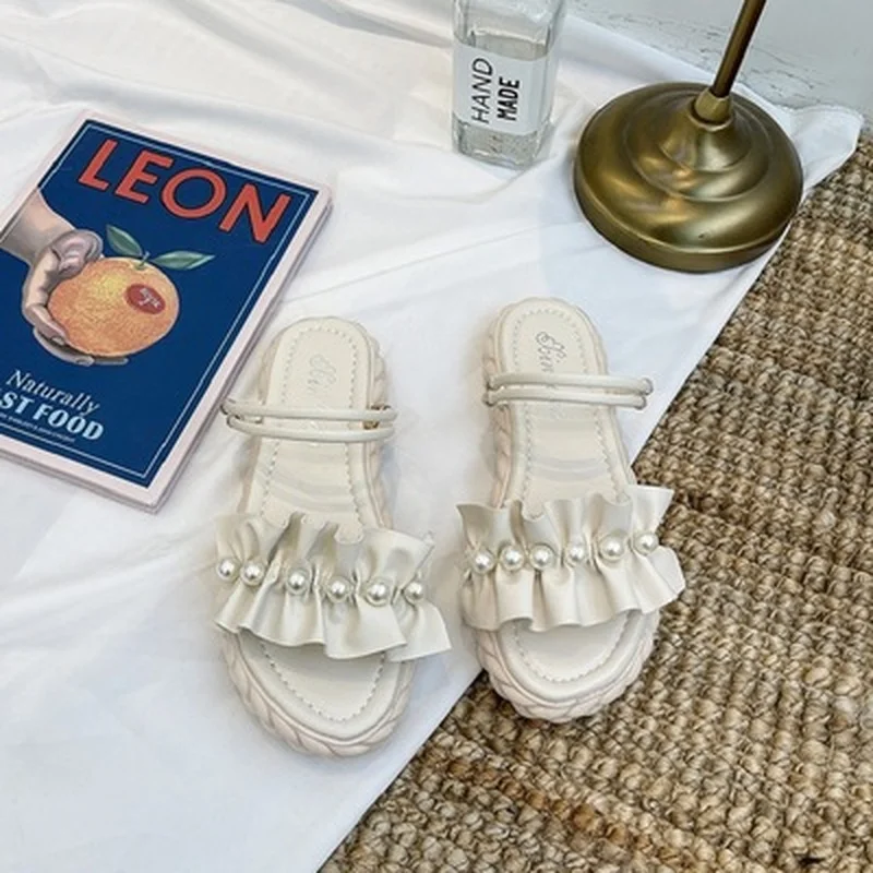 

Flat Shoes Female Woman's Slippers Luxury Slides Low String Bead 2021 Designer Summer Soft Scandals Rubber Shoes Woman