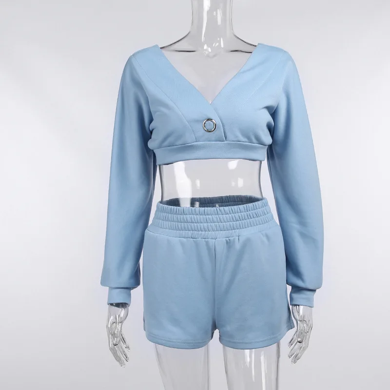 

Casual Women's Girls V-Neck Sweater Long-Sleeved Sweater + High-Waist Shorts Suit Autumn New Fashion 2-Piece Sportswear Suit