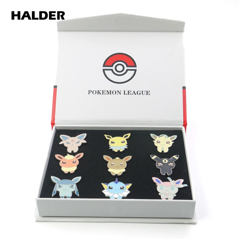 s1 Аниме halder Pocket Monsters Pokemon Eevee family мультфильм коробка Косплей эмаль броши лацкан рюкзак сумки значок булавки подарок 9 шт - Окраска металла: s1