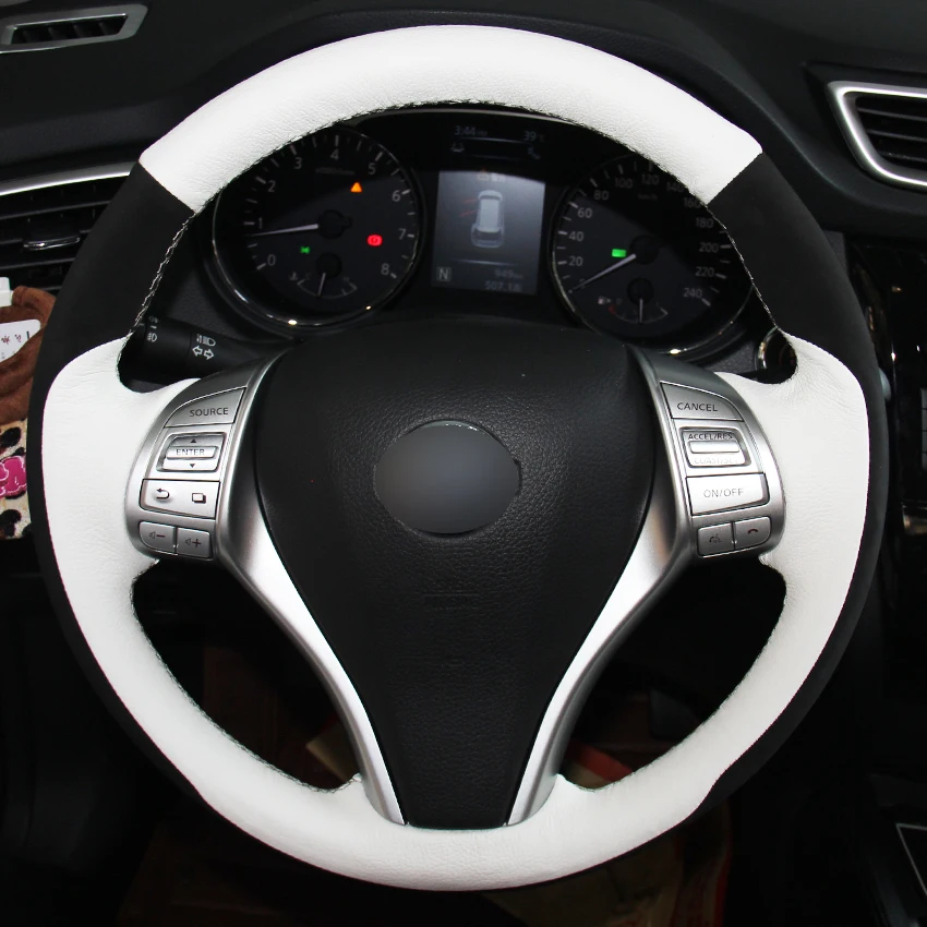 

White Genuine Leather Black Suede Steering Wheel Cover for Nissan Teana Altima 2013-2016 X-Trail QASHQAI Rogue Sentra Tiida