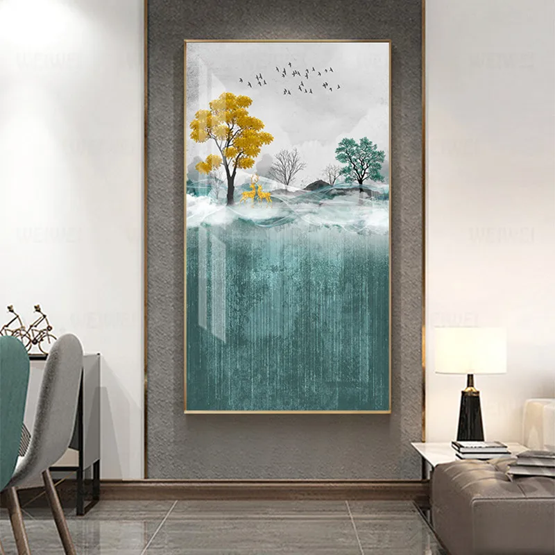 Абстрактная Золотая фольга холст живопись современное золото солнце олень