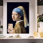 Веселая художественная девушка с жемчугом Серьги селфи по телефону плакаты и принты абстрактный портрет картина маслом на холсте Фотообои